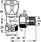 Regulierventil in Eckform mit einem Handrad zur Steuerung des Durchflusses, gefertigt von IMI Hydronic Engineering, in vernickeltem Rotguss. Technische Zeichnung mit Maßangaben.